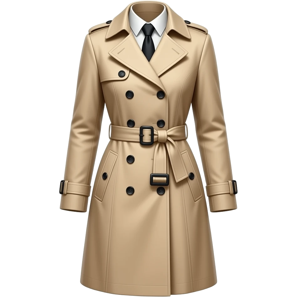 Luxury London trench coat, isolated, centered, no background, elegant beige fabric, feminine tailored silhouette, polished buttons, classic British high society style emoji
