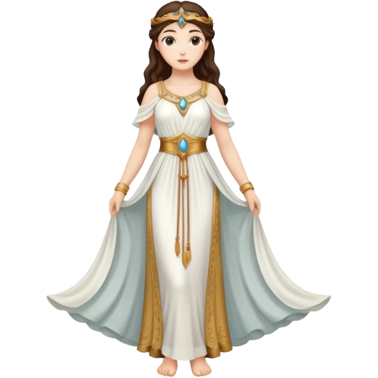 una diosa del siglos muy antiguos, la vestimenta de la diosa esta basada a ese siglo, es muy guapa, estatura normal emoji