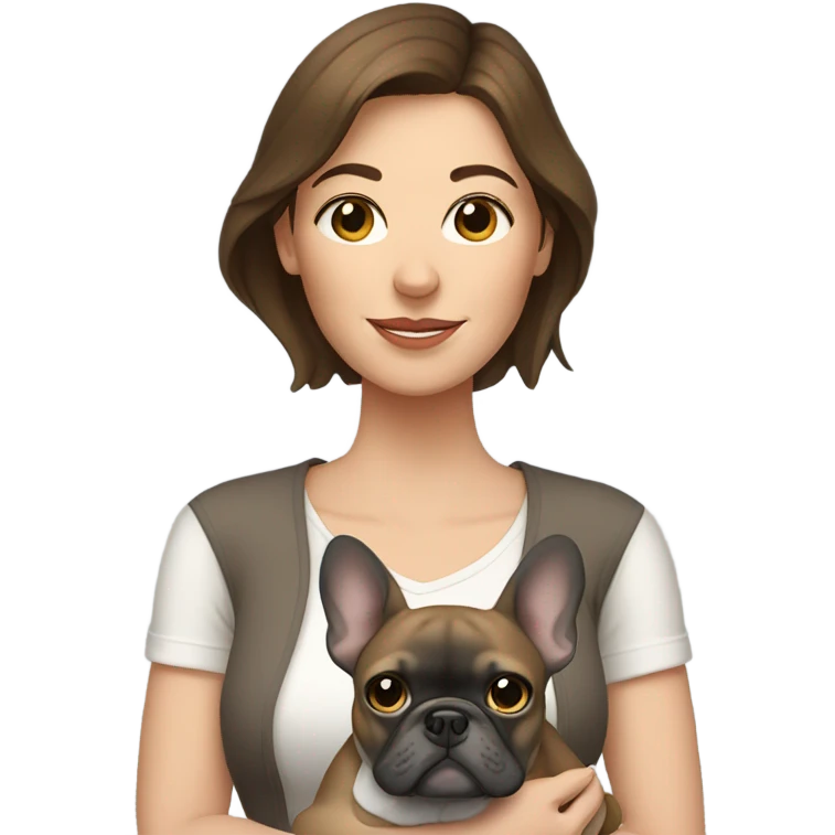 Woman with brown hair holding a gray French bulldog emoji