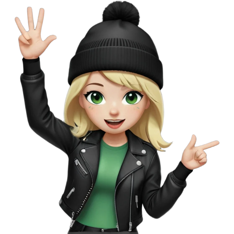 iPhone emoji style girl, blonde hair, black beanie, green eyes, freckles, winking, tongue out. Wearing black leather jacket, black leggings, big boobs, long white socks. Right hand doing "OK" sign. Full body, playful skater vibe, transparent background. emoji
