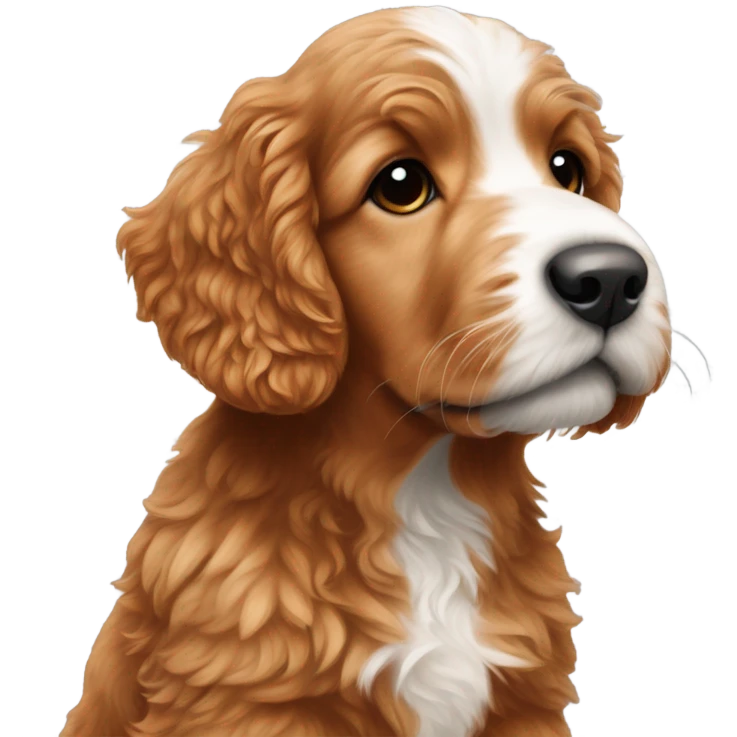 Red goldenoodle puppy with white tuft at end of nose and white spot on top of head emoji