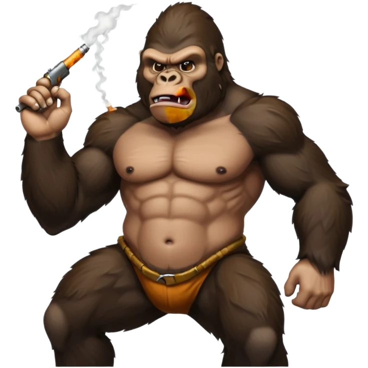 A gorilla smoking a blunt and holding a gun in the air emoji
