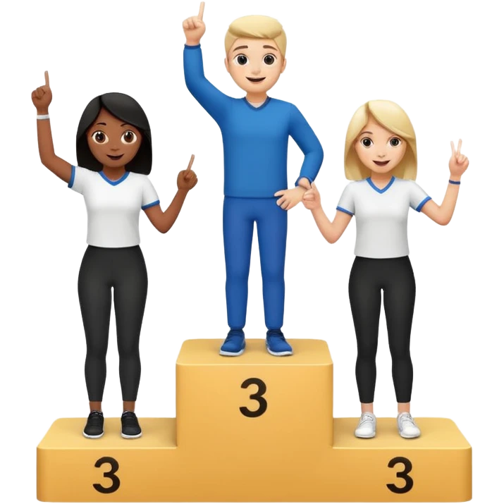 three casually dressed people black and white on a winners podium with no numbers middle step higher each on their step center person holds up one finger on each hand fun expressive cheerful emoji style emoji