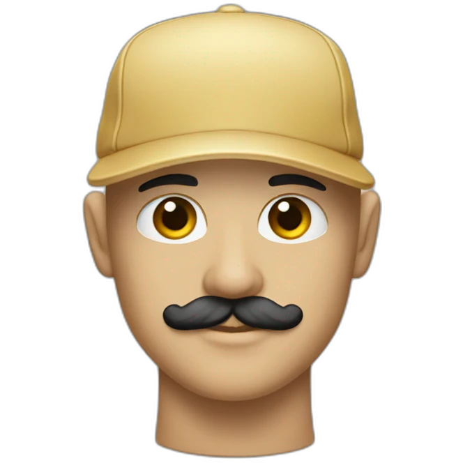 shaved head in five-panel cap with bristle and mustache emoji