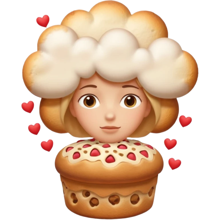 Apple-style emoji illustration of a person with dreamy eyes, and avobe them a thinking cloud with a traditionmal panettone inside, small hearts floating around, soft 3D emoji style, smooth gradients, rounded shapes, warm festive colors, simple expression. emoji