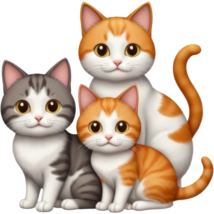 3 different coloured short haired cats including; a dark brown tabby and white cat, and a dark grey and white and a ginger and white emoji