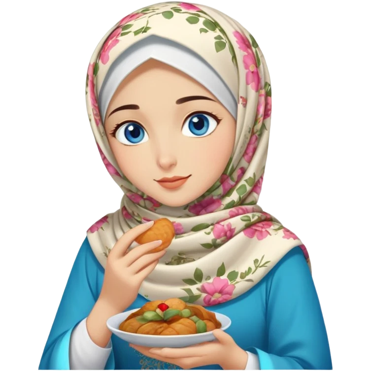 Turkish beautiful finish Konya girl blue eyes with floral hijab islamic dress and she’s savouring delicious food face emoji