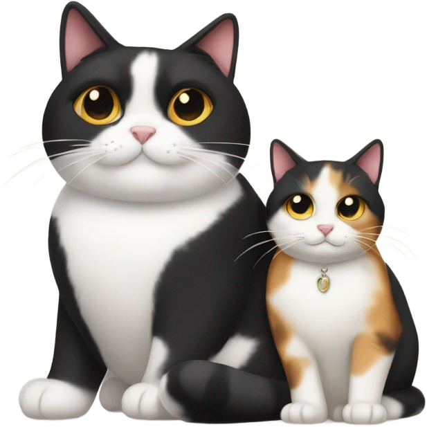 Fat Calico cat and small cute tuxedo cat cusdling emoji