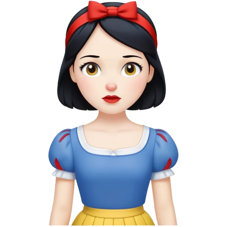 ultra simplified Snow White, blue top with yellow skirt, black hair with red headband, very minimal details, slightly zoomed out emoji