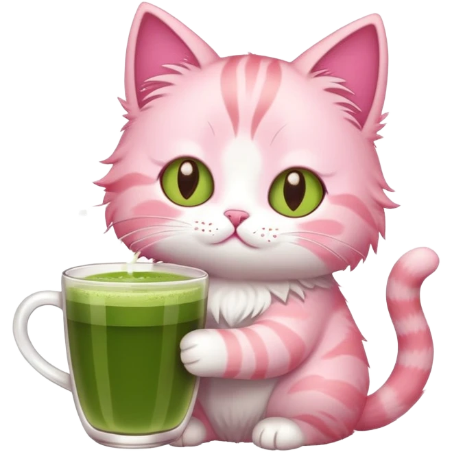 pink small cat with matcha emoji