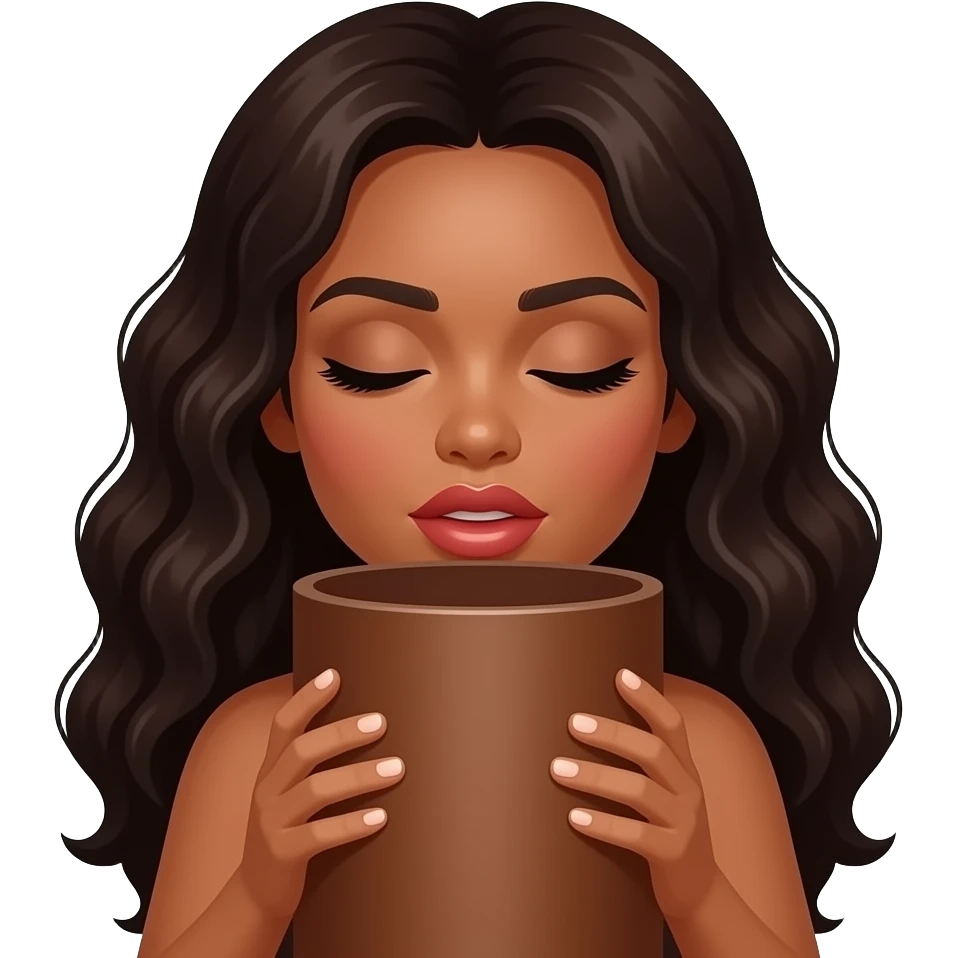 A brown woman with dark long curly hair and big lips sucking on a large brown cylinder emoji