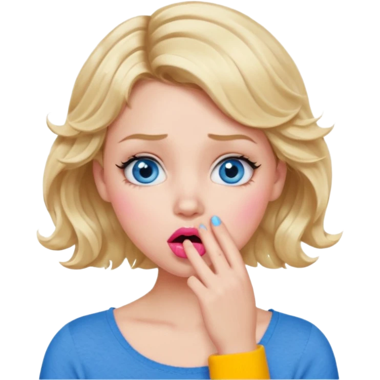 Girl Blonde short wavy hair,  blue eyes, cute blue top, long lashes, pink lips, shocked, hand over the mouth emoji