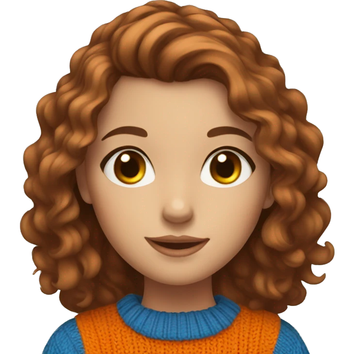 Beautiful girl with brown wavy hair, blue eyes, wearing orange sweater emoji