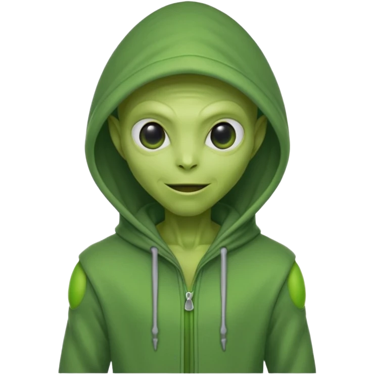 green alien in gray hoodie full height, wear hoodie hat, happy emoji
