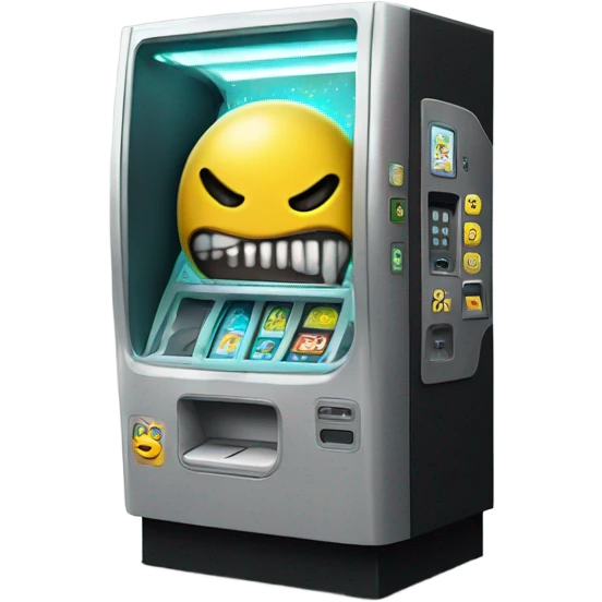 sci-fi concept vending machine, damaged, sentient, confused face emoji