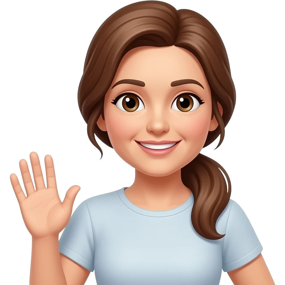 frau um die 50 mit langen offenen braunen haaren, mit pony  schmalem gesicht, braune augen,grüßend emoji