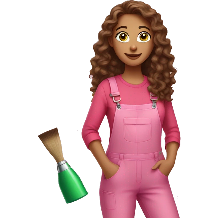 A woman with long brown curly hair, green eyes, wearing a pink overall and a paint brush with colorful paint emoji
