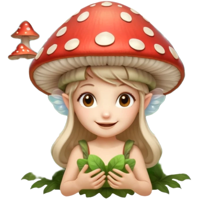 mushroom fairy portrait, head and shoulders only, wearing a large mushroom cap hat, tiny glowing wings visible behind shoulders, cute magical smile, forest fantasy vibe, 3D cartoon, mobile game icon style, clean background, no text, no watermark

 emoji