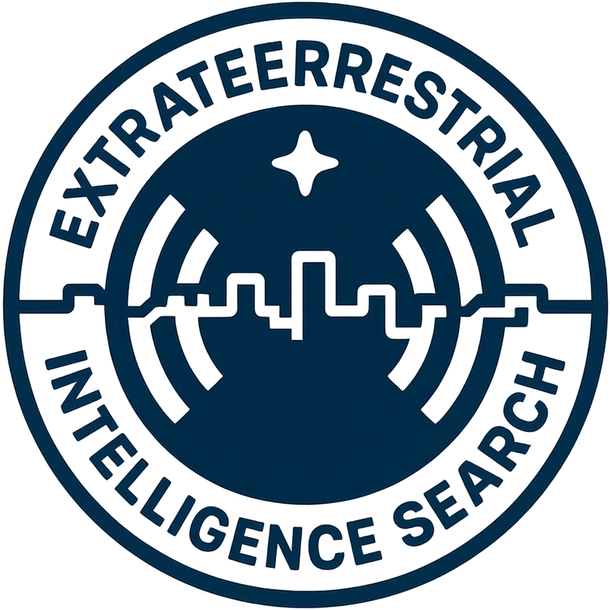 modern intelligence agency-style badge for extraterrestrial intelligence search, with a circular design, encrypted signal lines, and a star, in dark blue and white emoji
