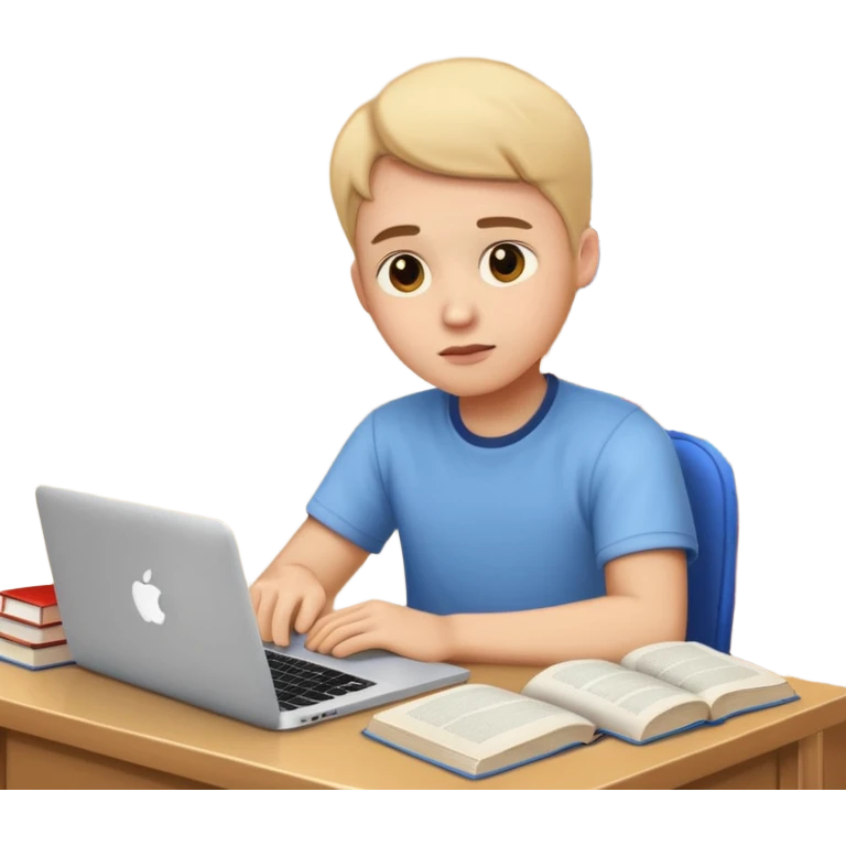 emoji student studying at home english books, macbook bored, room, white background emoji