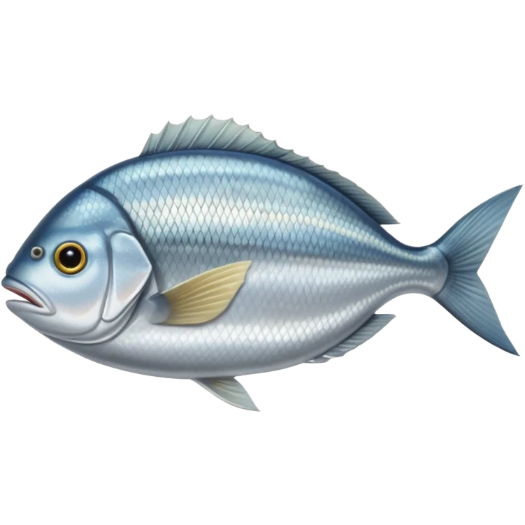 whole silver sea bream with a laterally flattened oval body and shimmering scales, golden band between the eyes, forked tail, defined fins, fish lies flat, raw and clean, smooth slightly reflective surface, no garnish plate or extras, soft lighting, subtle shadows, emoji scale emoji