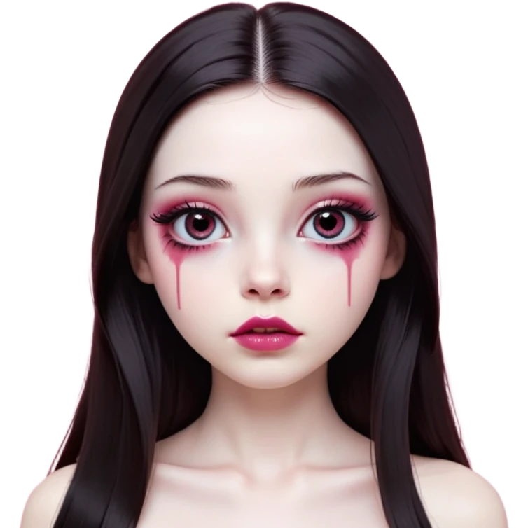 girl with white skin, dark brown long realistic straight hair with middle part prominently falling in front of her body over her shoulders, lips with reddish-pink shiny lip gloss and absolutely no cupid's bow, big round eyes with very black shiny eyeballs and natural long eyelashes, absolutely no eye makeup, no eyeshadow, no eyeliner, completely bare eyes, light pink blush on cheeks, lighter button nose, exceptionally elongated very long oval-shaped face, wearing a pink off-shoulder top, looking directly at camera with hands down at sides emoji