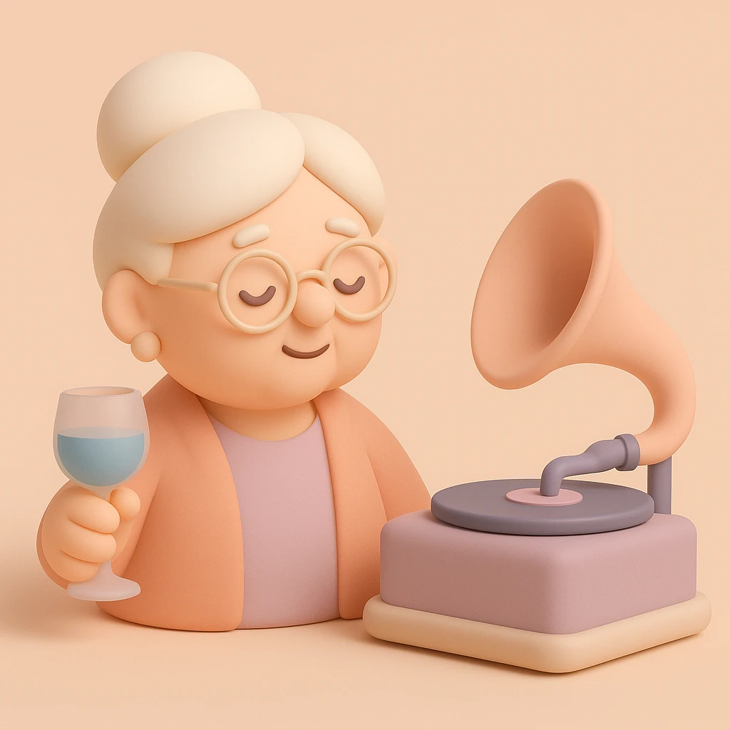 old lady with wineglass listening to gramophone emoji