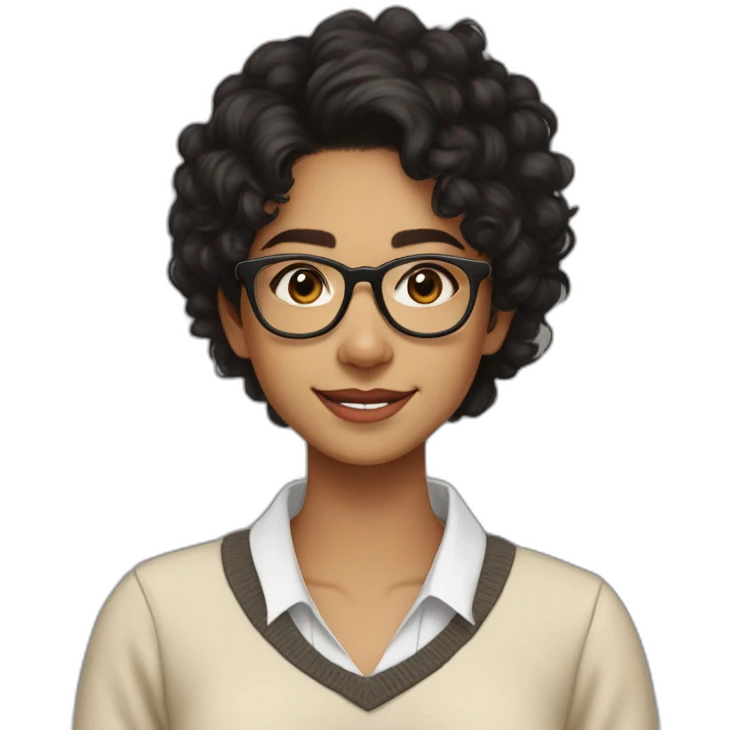 smiling indian teenage girl with black curly hair and glasses wearing a collared long sleeve white shirt under a beige v shaped collar sweatervest with no buttons emoji