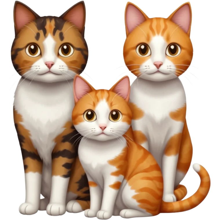 3 different coloured small cats including a dark brown tabby and white, and a patchy calico, and a ginger and white emoji