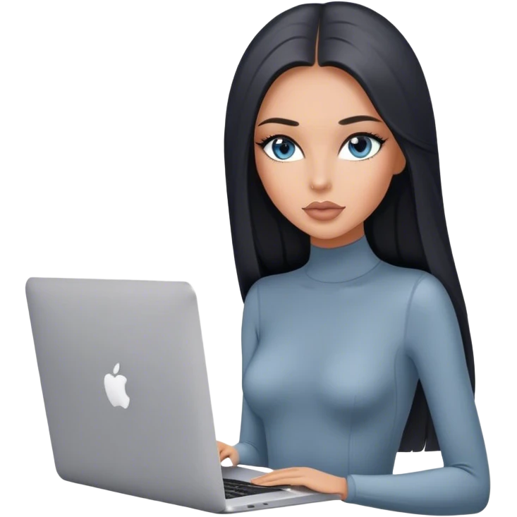 Glamours tanned very beautiful girl with pump peach nude lips and black straight smooth long hair, blue-grey eyes in grey bodysuit with MacBook emoji