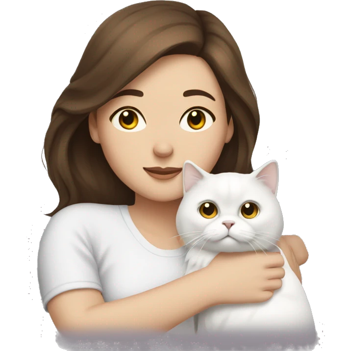 Brunette woman snuggling white Persian cat emoji