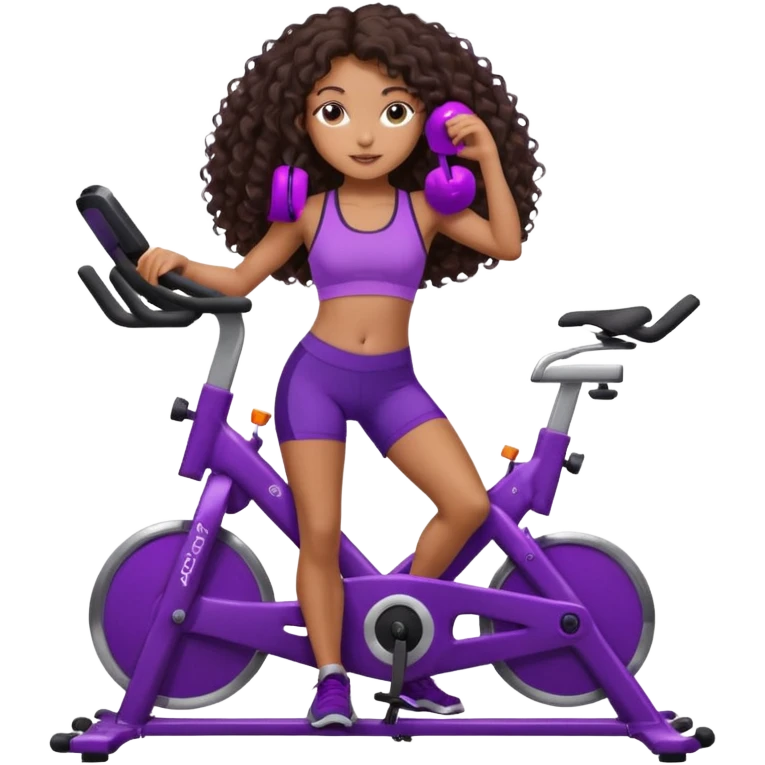 African American girl with long dark brown curly hair, purple workout set leaning on a indoor spin bike with NO HELMET,  emoji