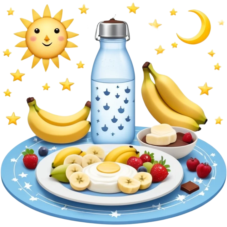 Mystical daily routine constellation: water bottle, sun, chicken plate, banana, gym weight, yogurt, fruits and chocolate, and moon symbols arranged like stars in a constellation pattern with glowing lines connecting them in sequence emoji