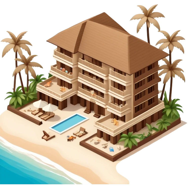 Isometric exterior brown and beige polynesian beach hotel resort in Hawaii, dollhouse style 3D realistic  emoji