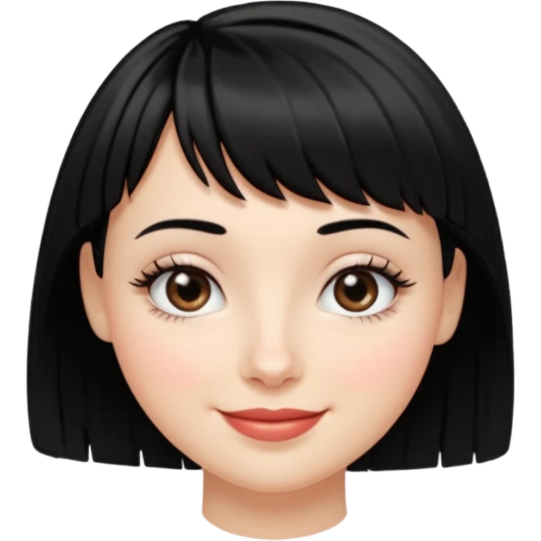 A white girl with short layered black hair and micro bangs, smiling. She has an oval-shaped face, lips without a heart shape, a slightly wide nose, long pretty lashes, and almond-shaped eyes. emoji