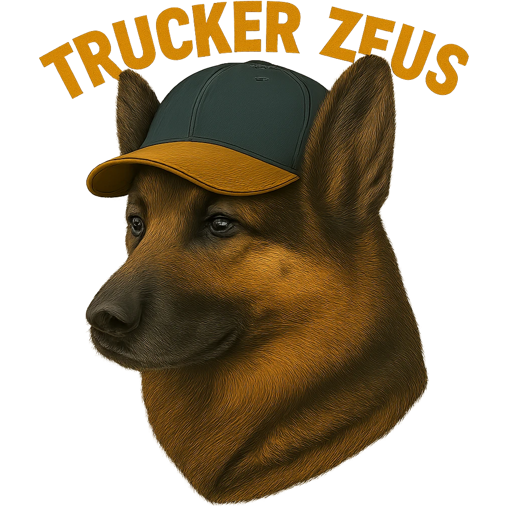 Convert the image to JPEG format with a white background if transparency is not supported. Keep the realistic German Shepherd and yellow 'Trucker Zeus' text. Maximize compression for smallest file size. emoji