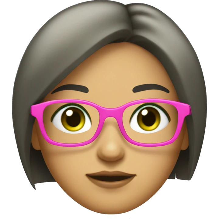 Italian girl, dark hair, green eyes, hair bang and big pink glasses square shaped emoji