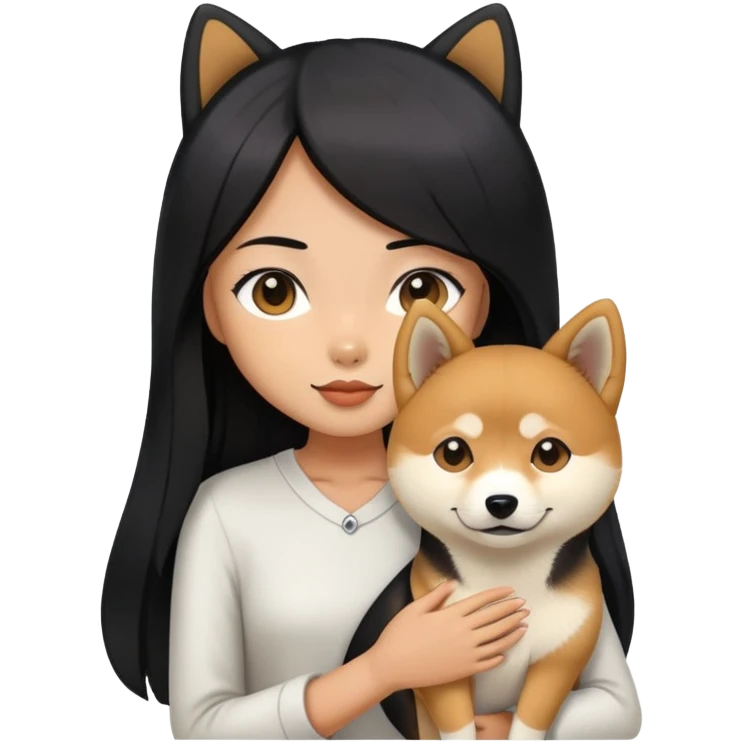 A girl with long black straight hair holding a black Shiba Inu emoji