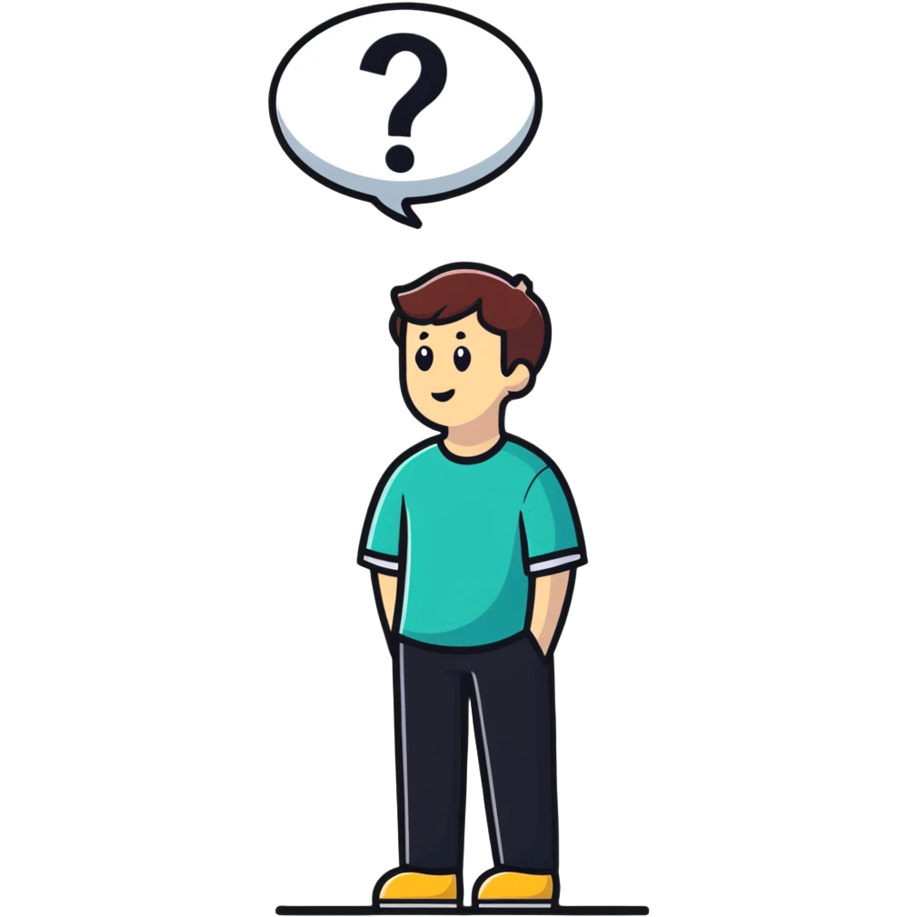 thoughtful person looking up with question marks emoji