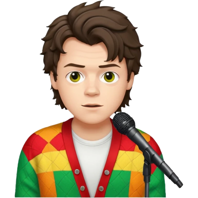 harry styles with a mic, he is wearing a patchwork colorful (red, yellow,green) cardigan and a white t-shirt under emoji