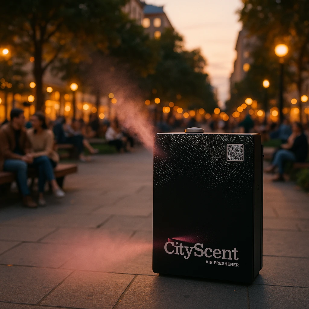 Add a soft, realistic scent mist effect coming from the left side of the CityScent air freshener machine. The scene is realistic, with people relaxing and enjoying the scent in a city plaza at dusk. emoji