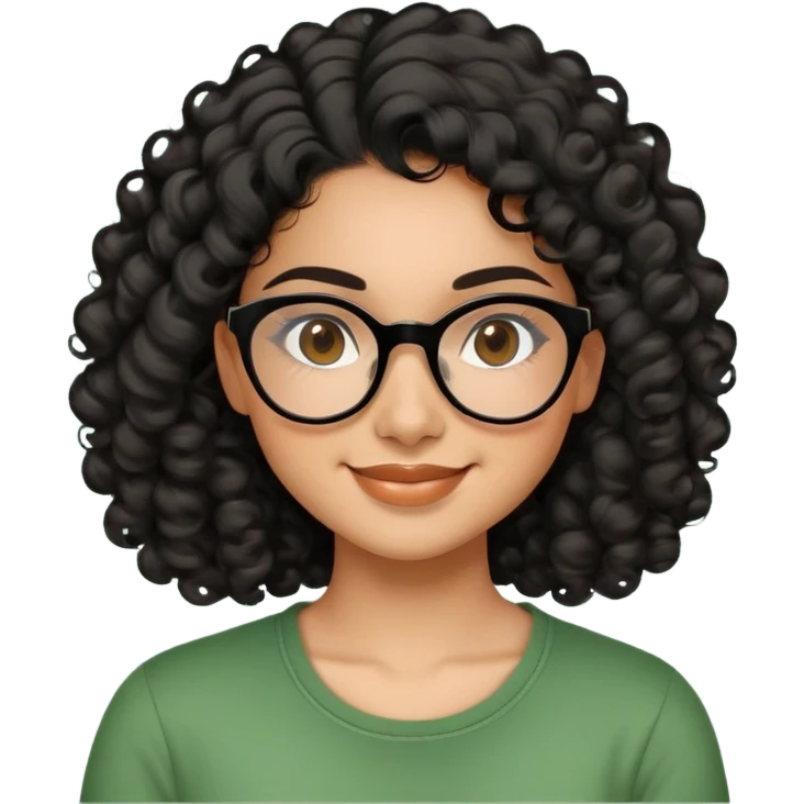 Hispanic woman in her 20s with caramel skin tone. Round face with prominent cheeks and dimples. Dark eyes with black thick-framed glasses. Shoulder-length curly black hair with defined curls. Wide sincere smile. Wearing a green casual top. emoji