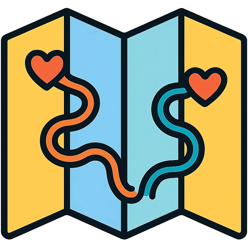 Folded map with gentle pathways representing emotional and relationship histories, self-reflection tool emoji