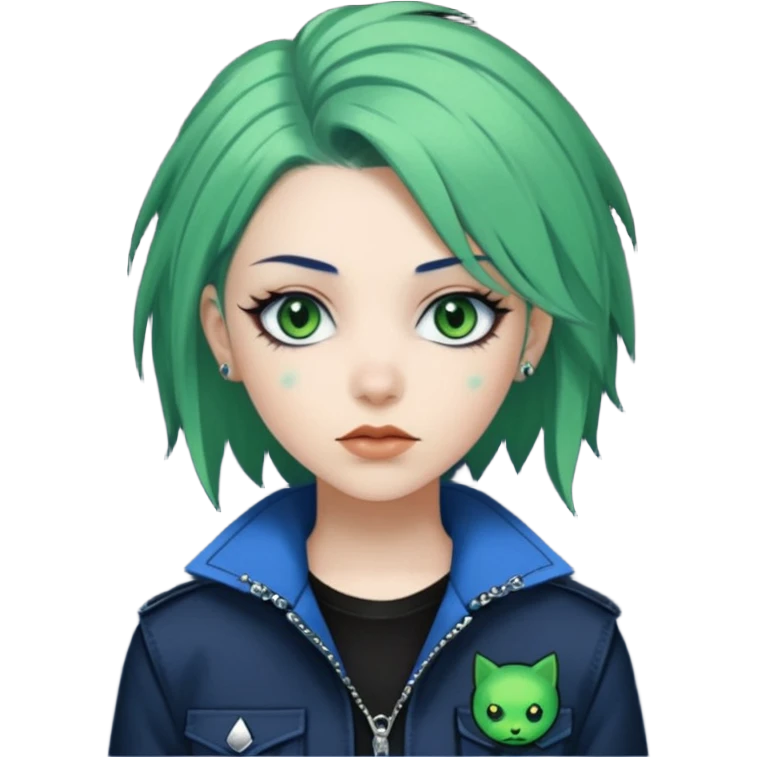 woman with white skin and green eyes, her hair is shoulder length black with navy blue hime cut layers, wearing green and blue y2k and punk themed clothes  emoji