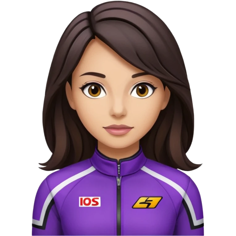brunette long hair woman with black racing outfit with purple strips emoji