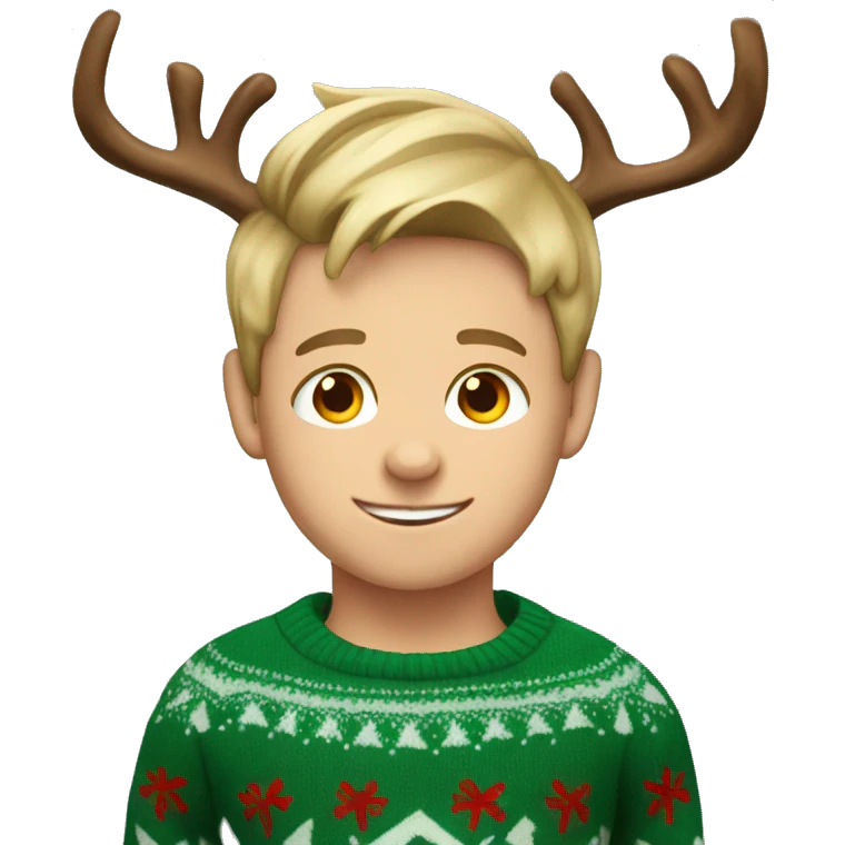 dark blond hairwd boy with christmas sweater and raindeer horns emoji