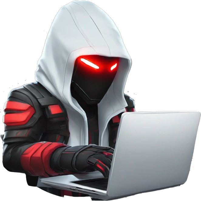 developer behind his laptop with this style : crysis Cyberpunk Riot Games Valorant neon glowing bright red character red dark black hooded assassin themed character emoji
