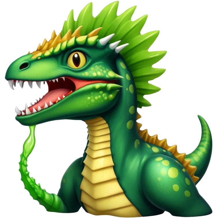 Dilophosaurus spitting out black liquid and frills popping out emoji