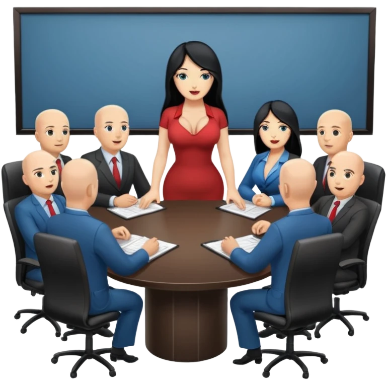 Business meeting with 7 bald men around a conference table and 1 women with long black hair and big breast emoji