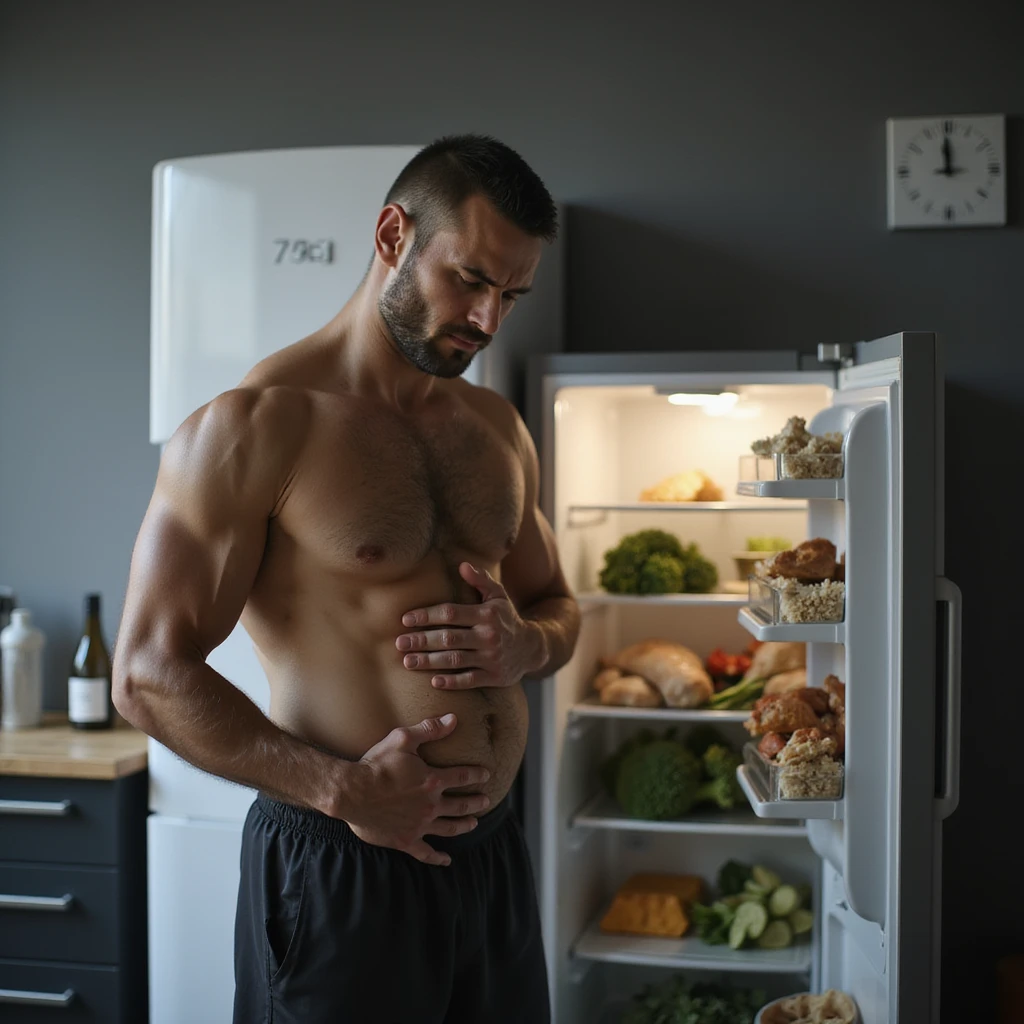 hyperrealistic 4K image of a man in gym clothes clutching his bloated stomach with a pained expression, standing next to a bathroom scale showing '75kg', open fridge in the background packed with chicken, rice, and broccoli, gym and kitchen setting emoji